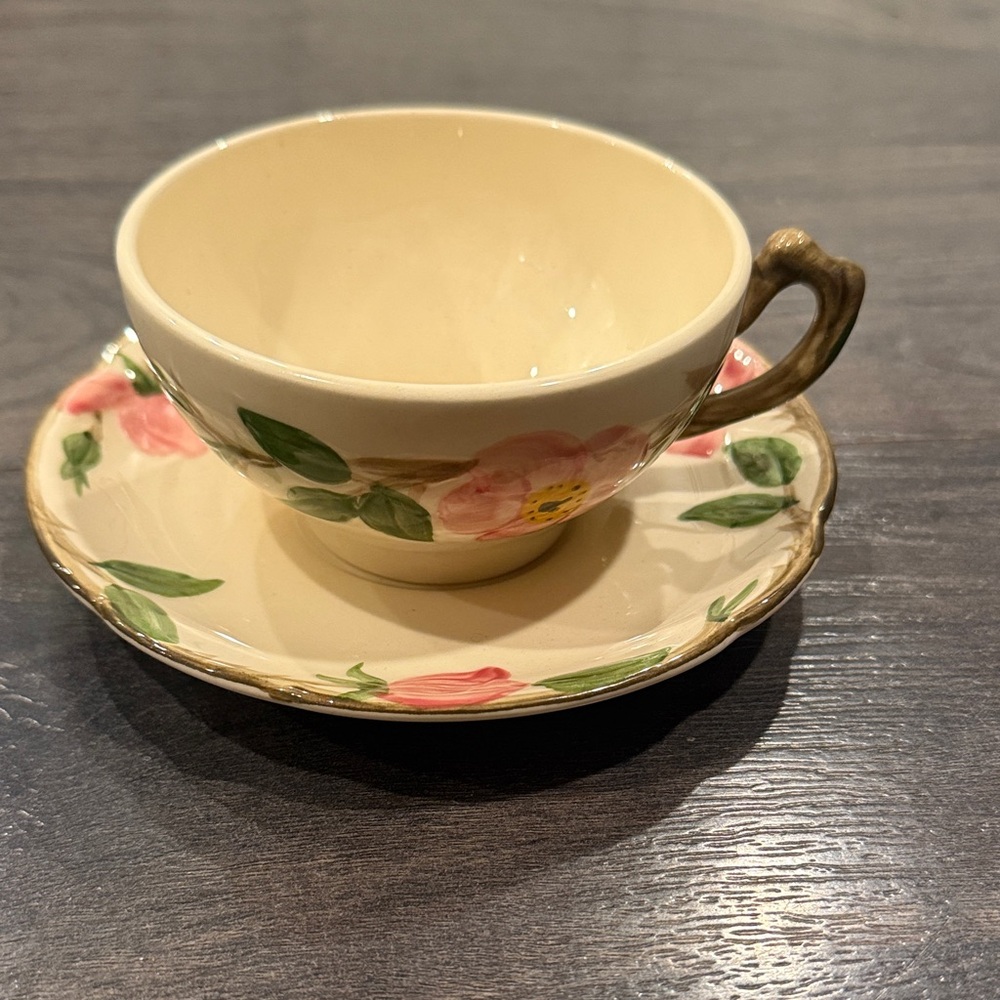 Floral Cream and Pink Teacup and Saucer Set